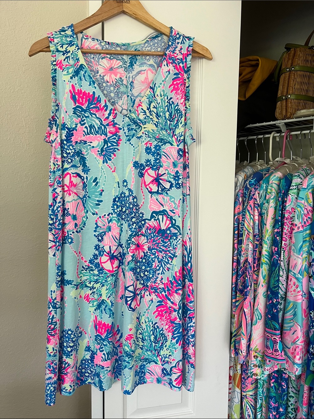 Lilly Pulitzer Sleeveless V-Neck Midi Dress in Aqua, Pink and Blue
